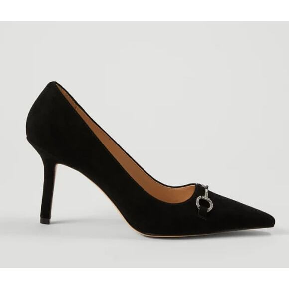 NWOB Ann Taylor Crystal Chainbit Nip Toe Suede Pump Heels Black 9.5 - Picture 1 of 6